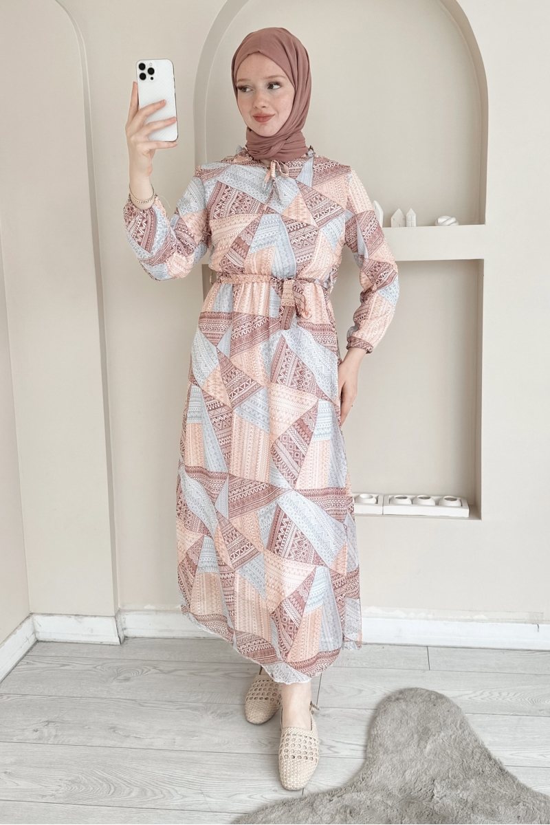 MO11422 Desenli Şifon Lila Elbise 