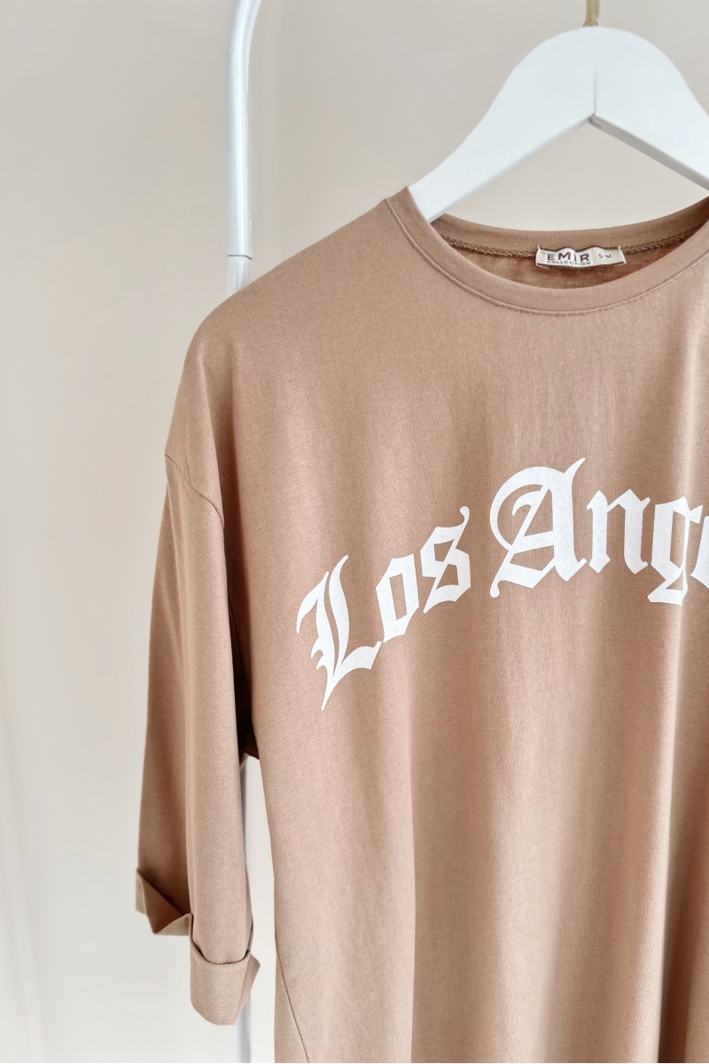 MO12834 Los Angeles Baskılı Camel T-Shirt   