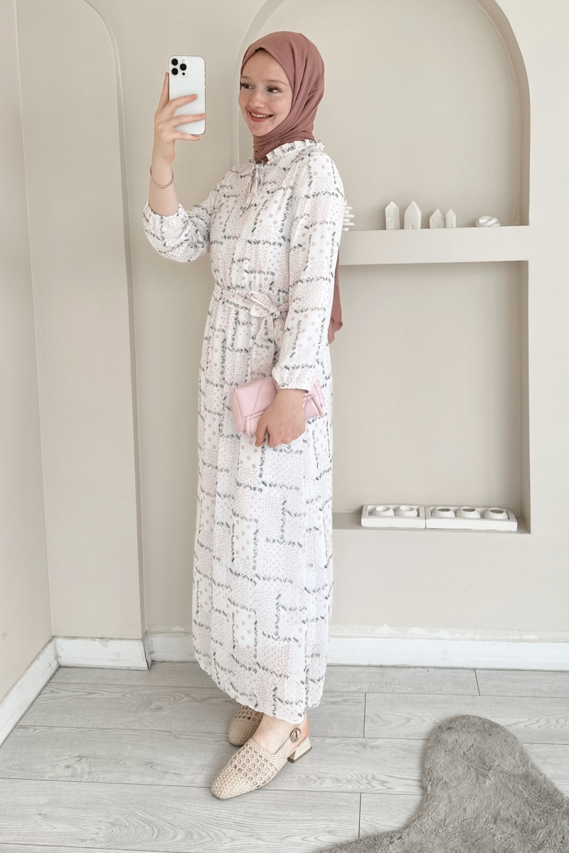 MO10043 Mini Çiçek Desenli Şifon Pudra Elbise