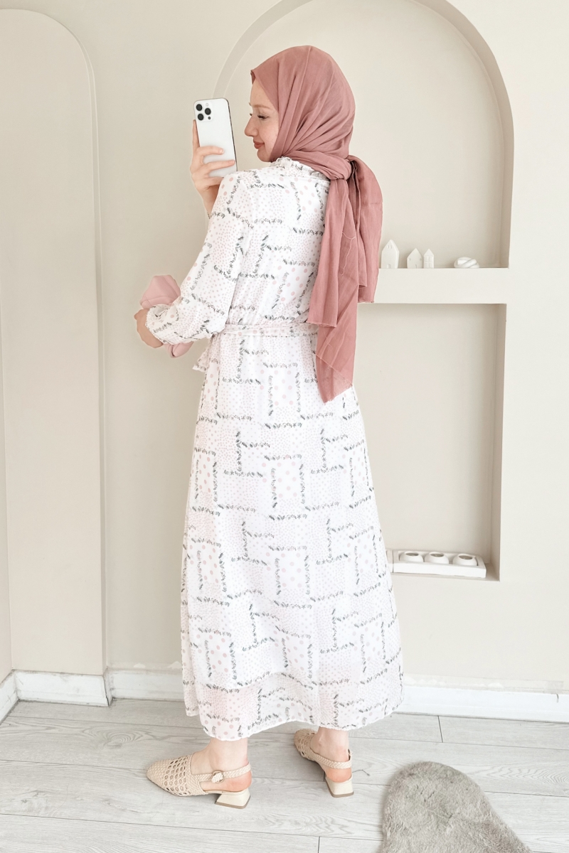 MO10043 Mini Çiçek Desenli Şifon Pudra Elbise