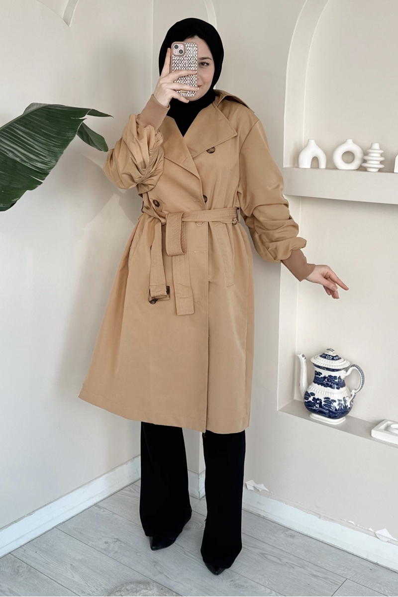 MO194 Kol Büzgülü Camel Trençkot 