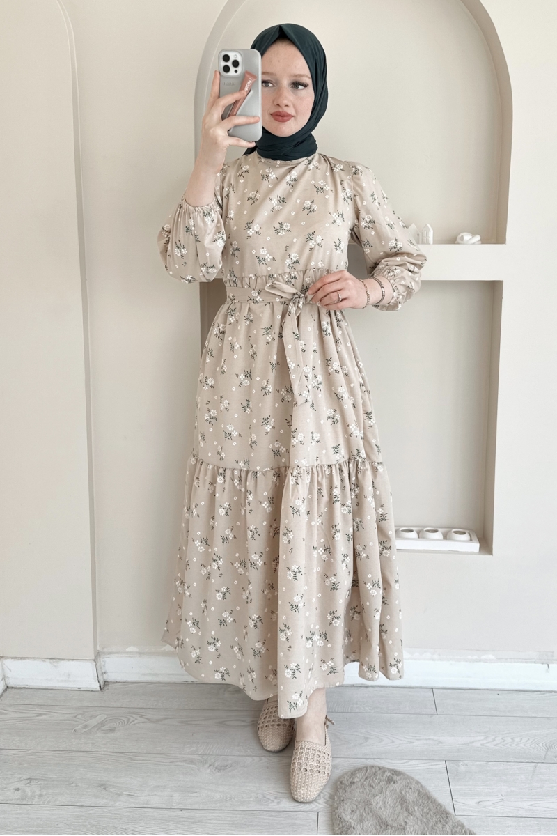 MO338 Mini Yaprak Desenli Bej Elbise