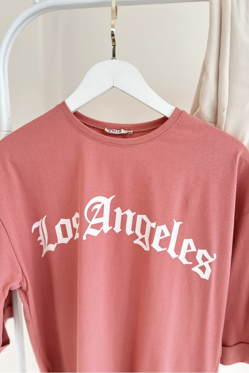 MO12834 Los Angeles Baskılı Pudra T-Shirt  