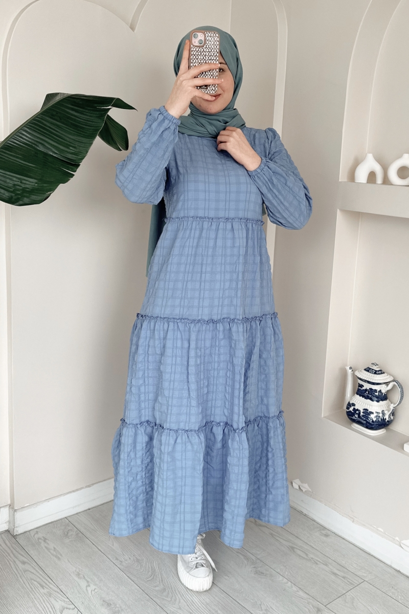 MO125 Dikilşli Kat Kat Mavi Elbise 