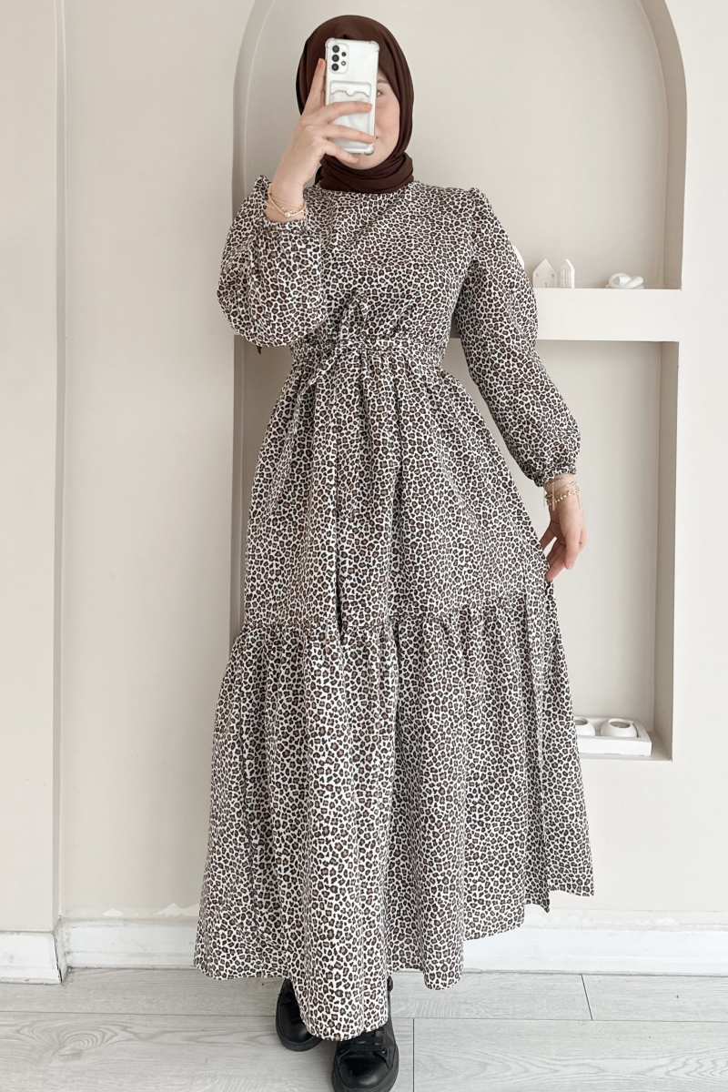 MO345 Kat Kat Kuşaklı Leopar Desen Camel Elbise