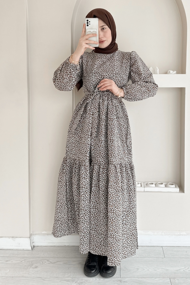 MO345 Kat Kat Kuşaklı Leopar Desen Camel Elbise