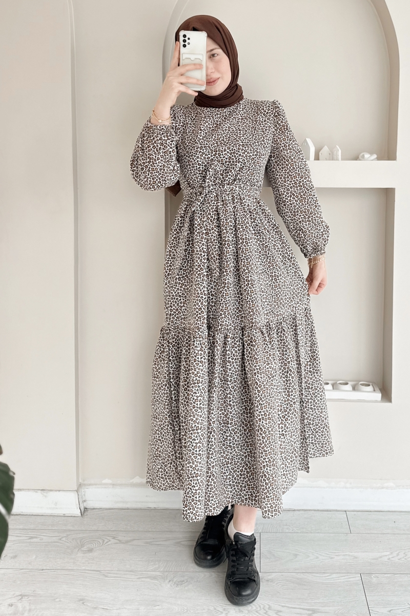 MO345 Kat Kat Kuşaklı Leopar Desen Camel Elbise