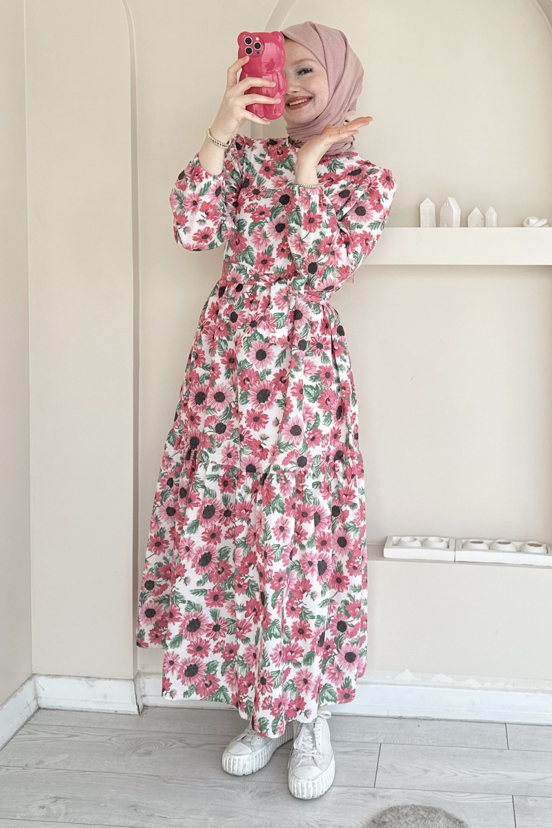 MO343 İri Papatya Desenli Pembe Elbise
