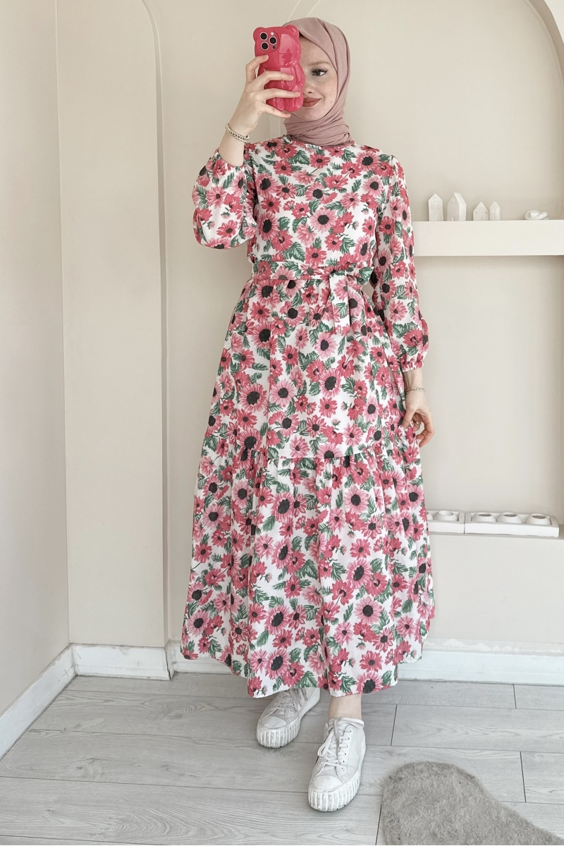 MO343 İri Papatya Desenli Pembe Elbise