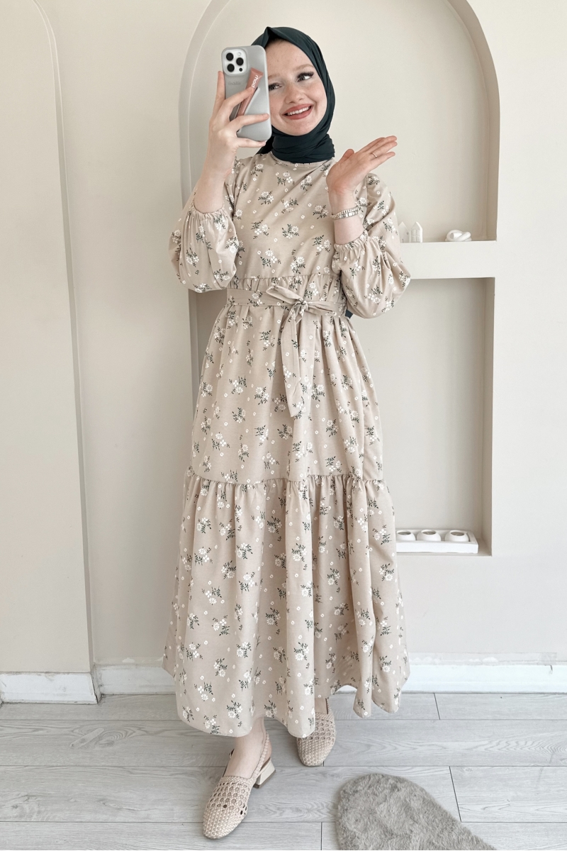 MO338 Mini Yaprak Desenli Bej Elbise