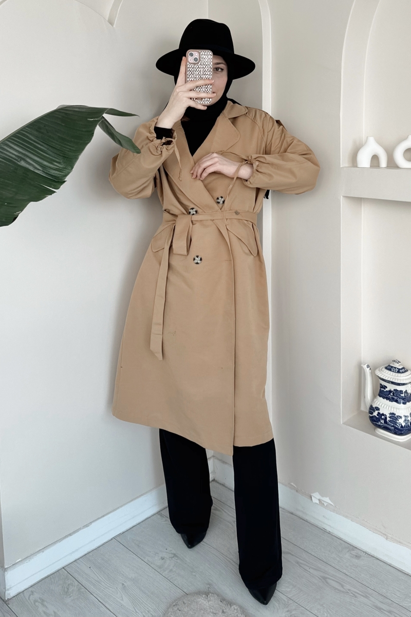 MO201 Düğmeli Kuşaklı Camel Trençkot 