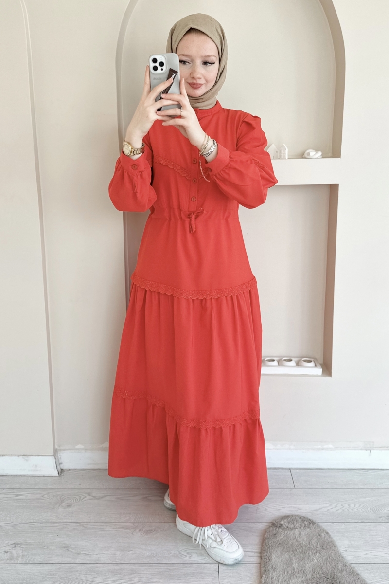 MO334 Dantelli Hakim Yaka Kırmızı Elbise 