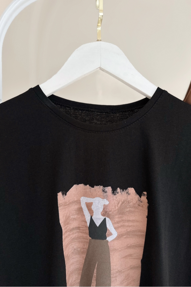 MO412 Kadın Baskılı Siyah T-Shirt