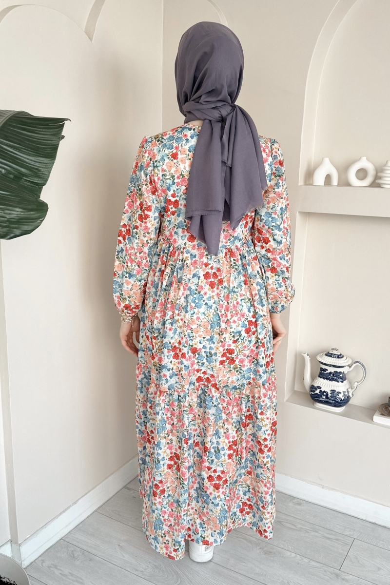 MO263 Mini Çiçek Desenli Bej Elbise