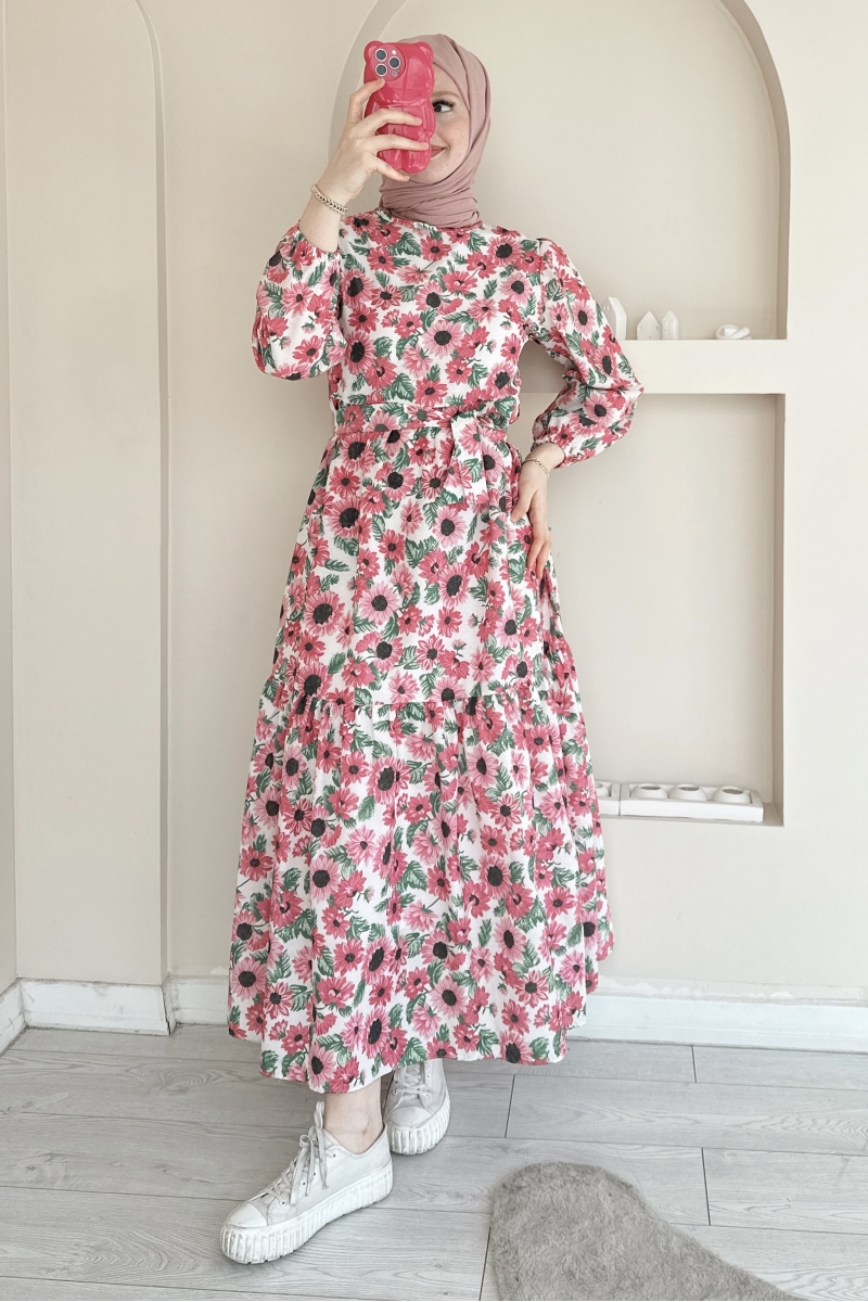 MO343 İri Papatya Desenli Pembe Elbise
