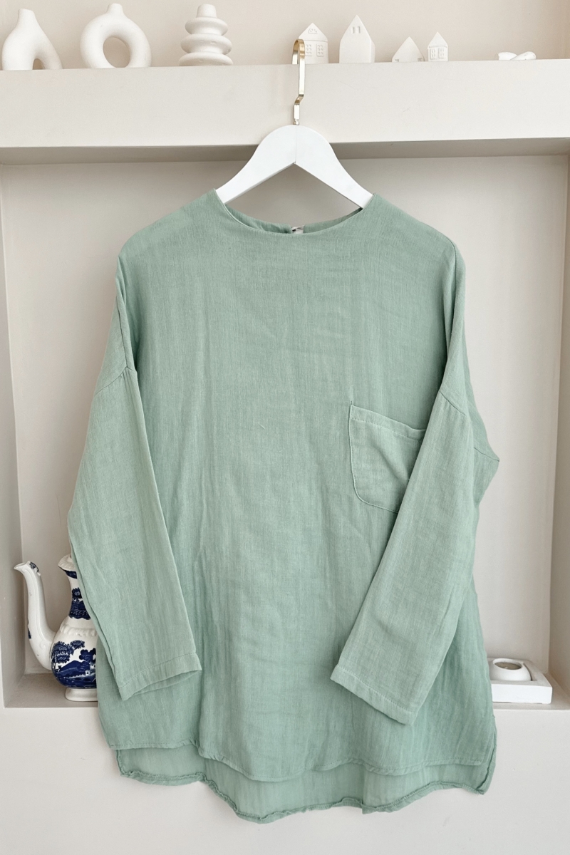 MO346 Müslin Kumaş Tek Cepli Mint Yeşili Tunik