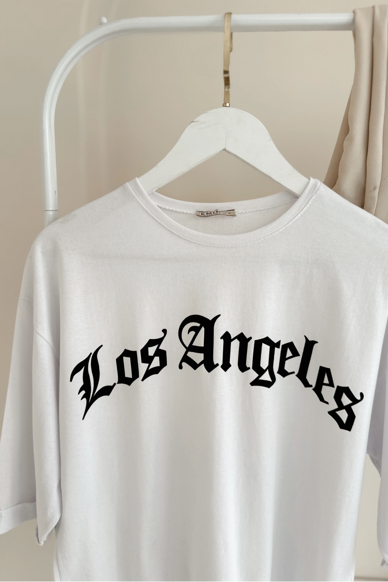 MO12834 Los Angeles Baskılı Beyaz T-Shirt    