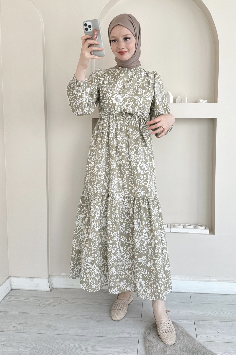MO339 Mini Dal Desenli Bej Elbise