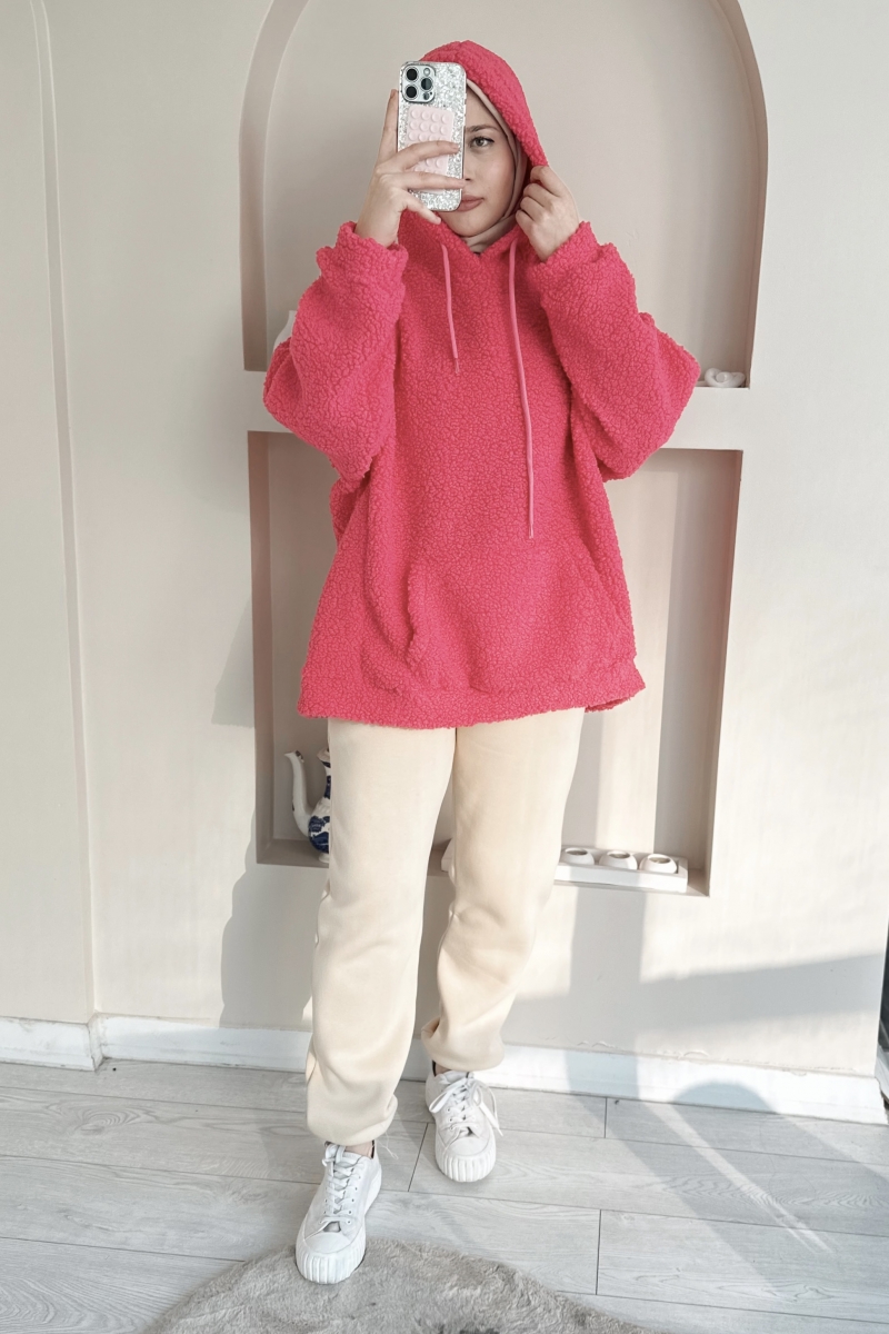 MO314 Kapüşonlu Yumoş Pembe Sweat