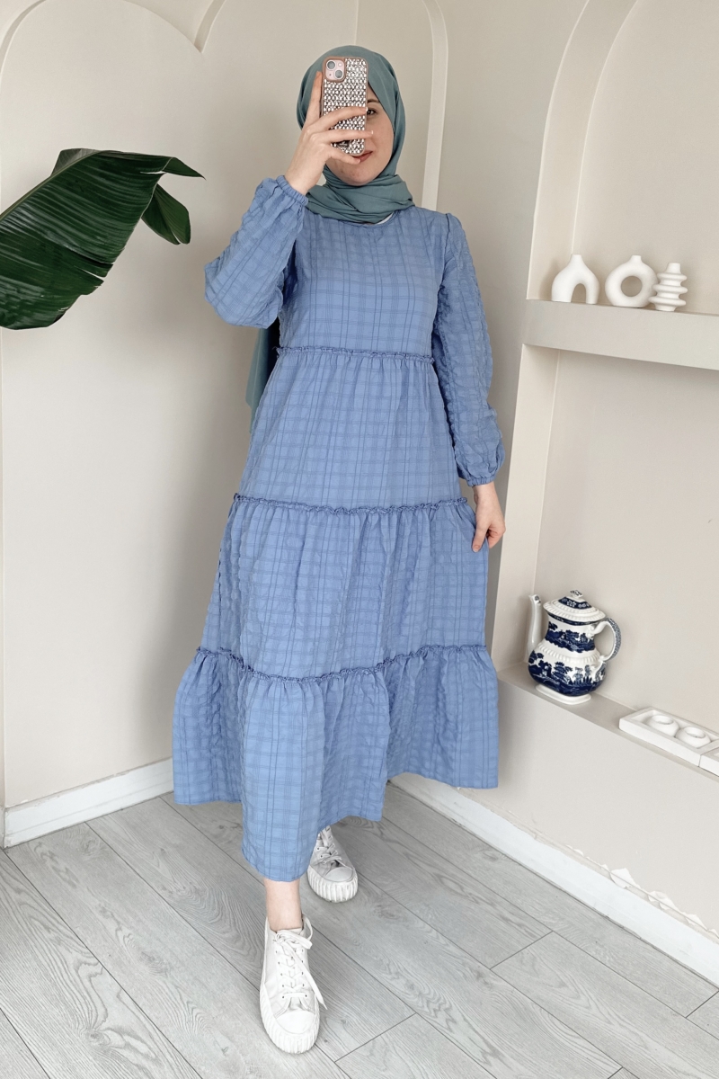 MO125 Dikilşli Kat Kat Mavi Elbise 