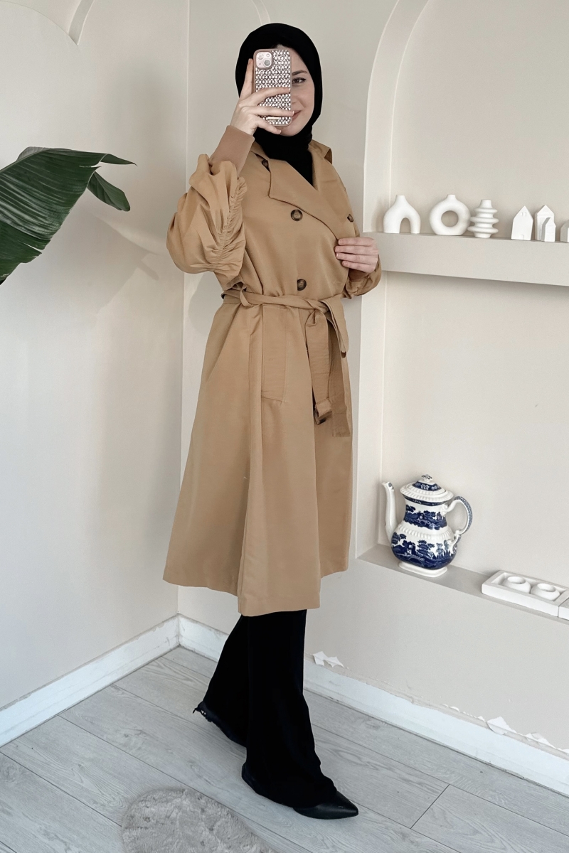 MO194 Kol Büzgülü Camel Trençkot 