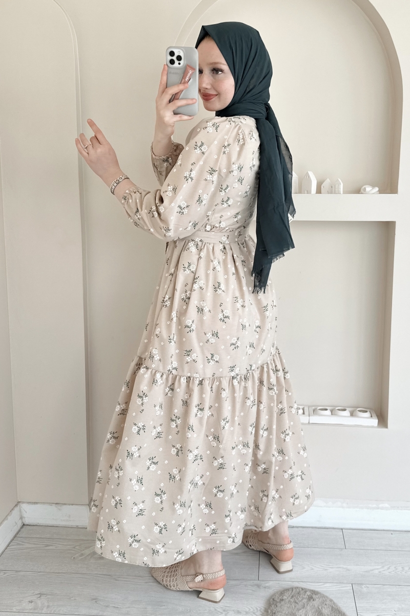 MO338 Mini Yaprak Desenli Bej Elbise