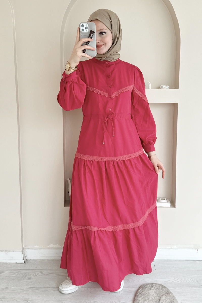 MO334 Dantelli Hakim Yaka Pembe Elbise 