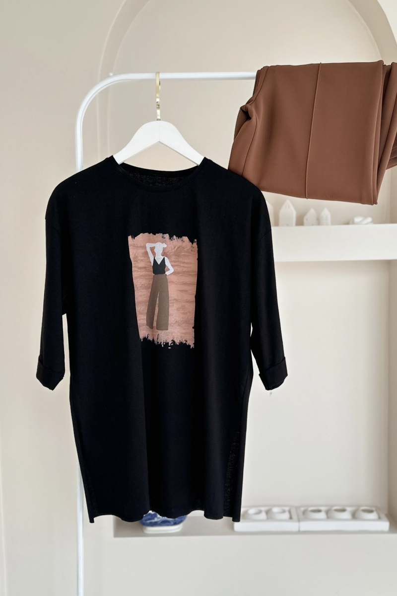 MO412 Kadın Baskılı Siyah T-Shirt