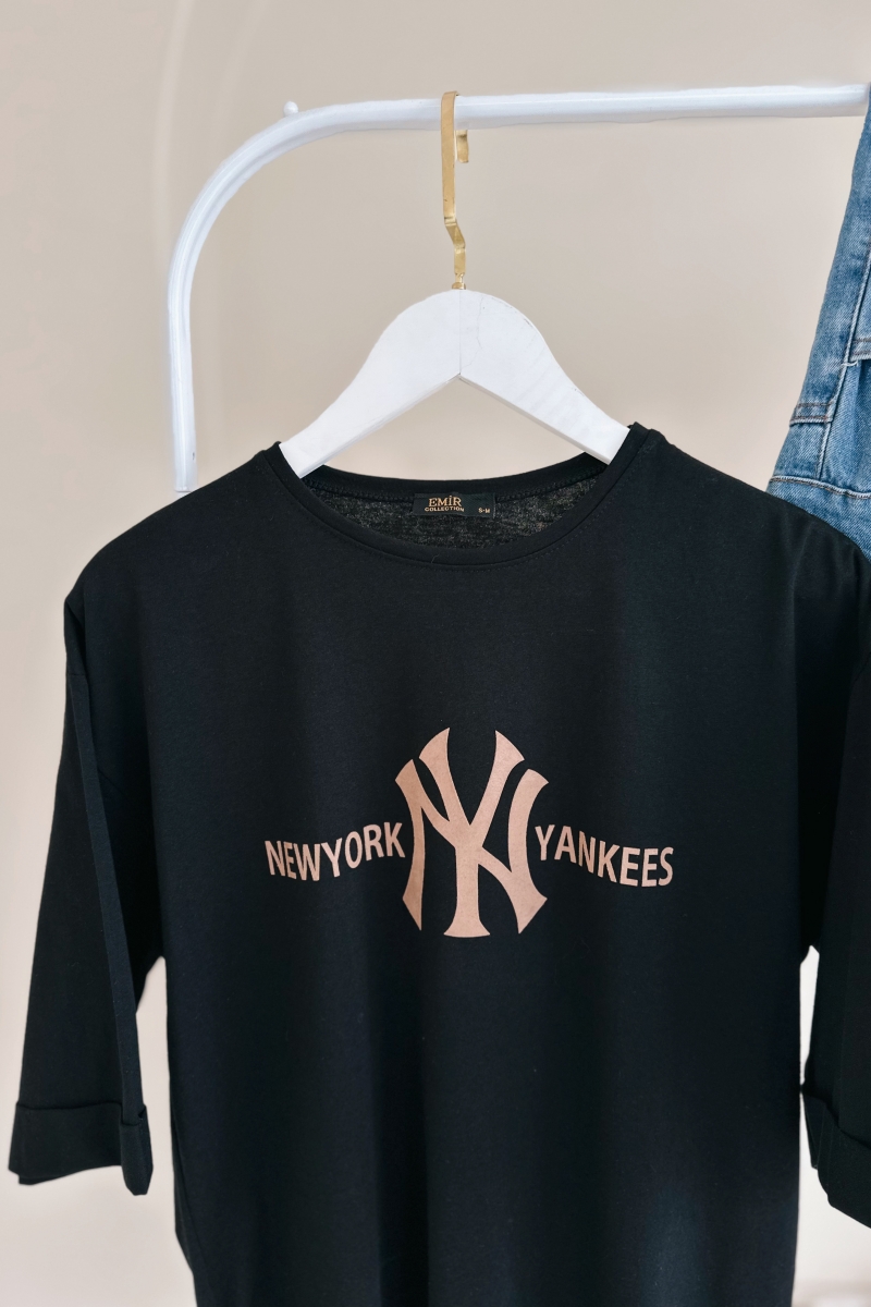 MO12837 Yankees Baskılı Siyah T-Shirt   