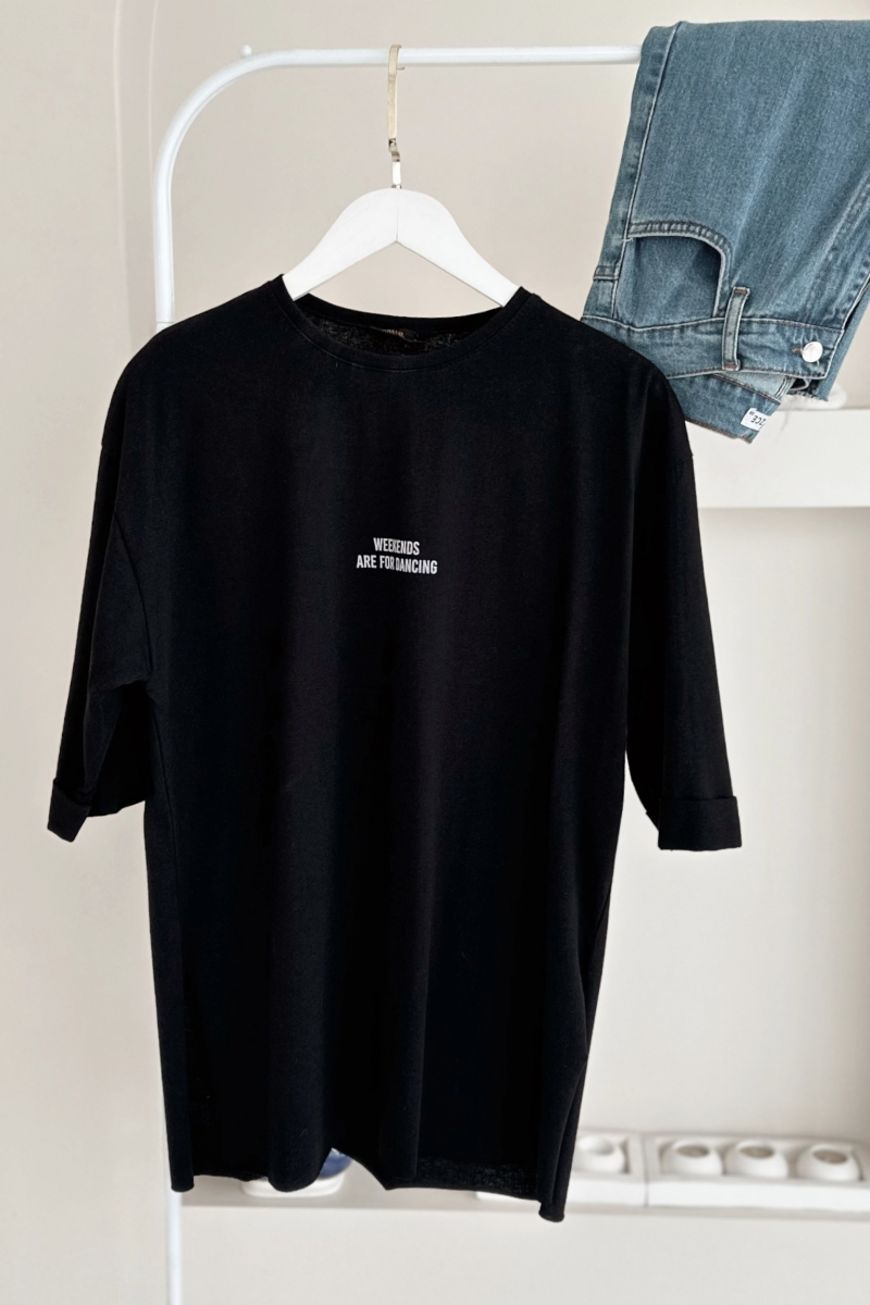MO12835 Weekends Baskılı Siyah T-Shirt 