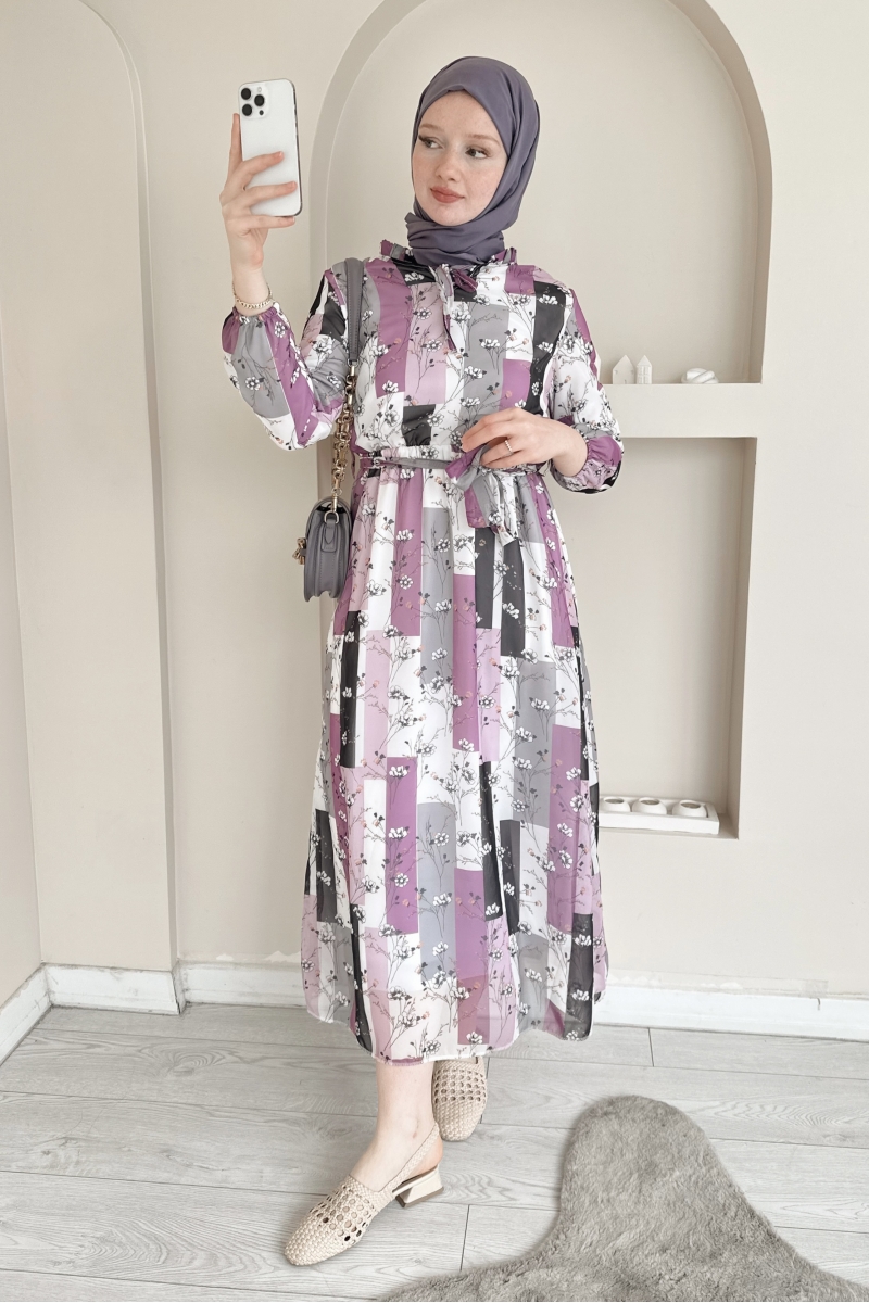 MO12575 Desenli Şifon Mor Elbise  