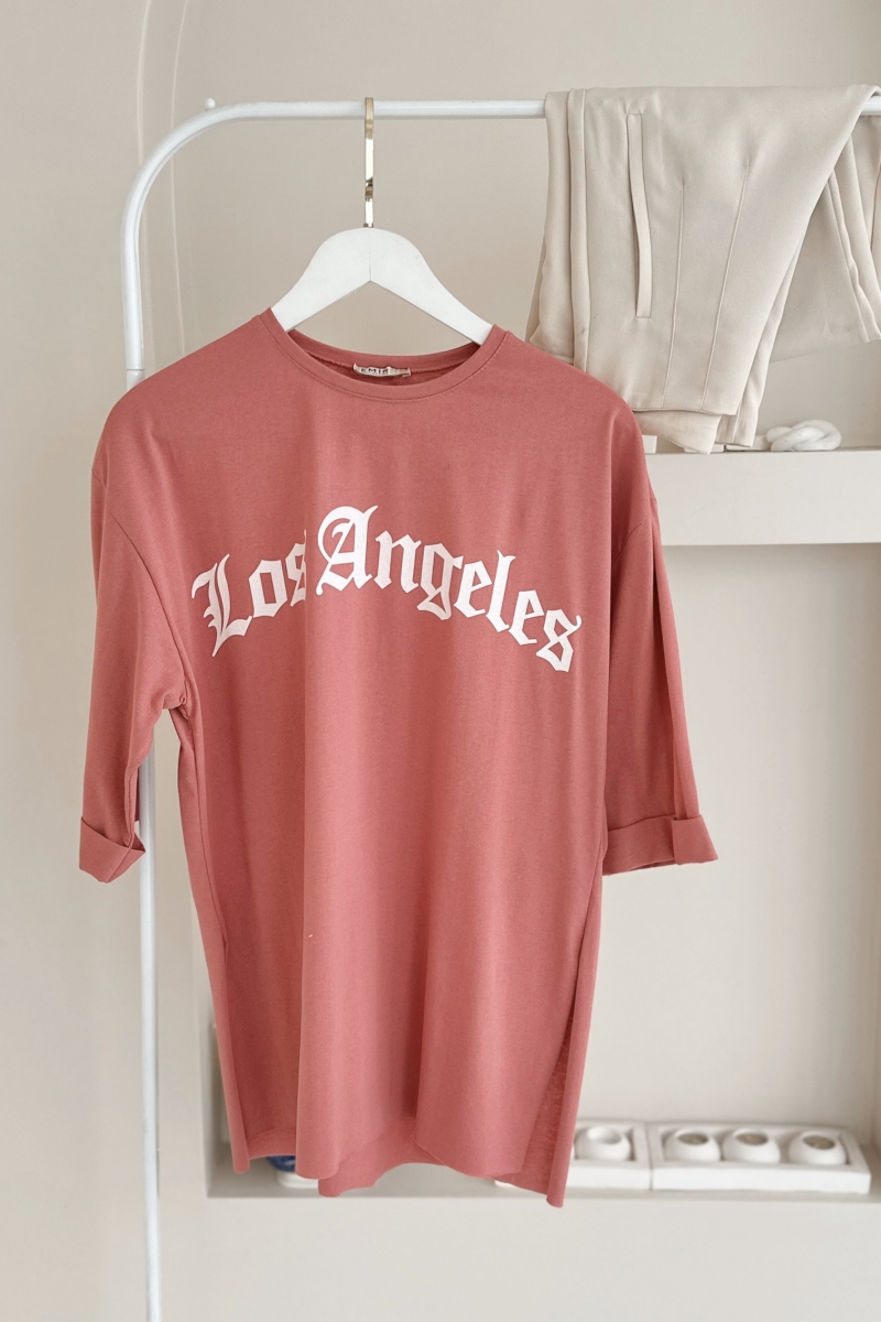 MO12834 Los Angeles Baskılı Pudra T-Shirt  