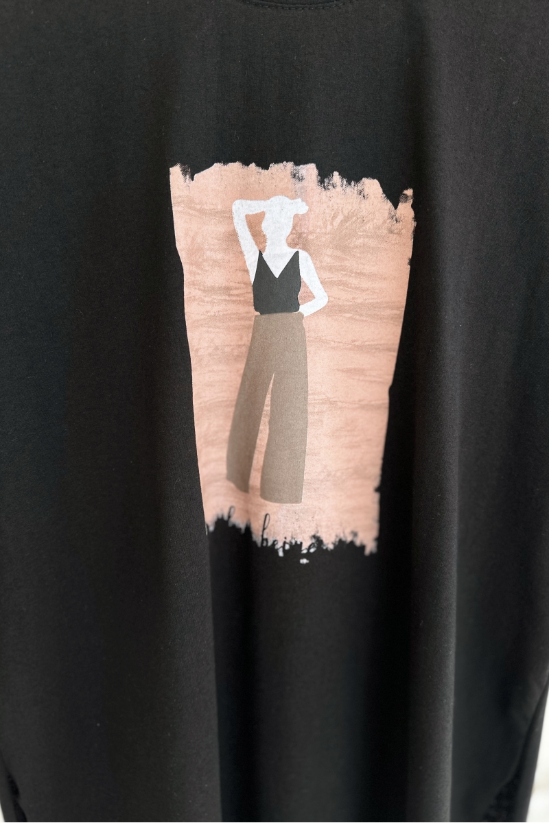 MO412 Kadın Baskılı Siyah T-Shirt