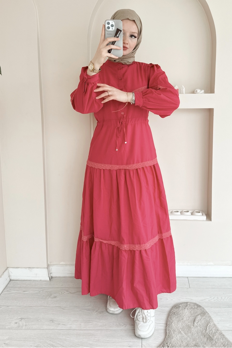 MO334 Dantelli Hakim Yaka Pembe Elbise 