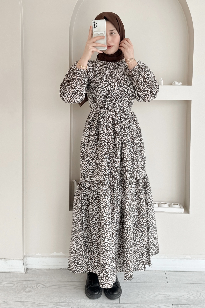 MO345 Kat Kat Kuşaklı Leopar Desen Camel Elbise
