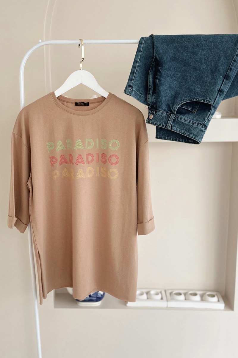 MO324 Paradıso Baskılı Camel T-shirt 