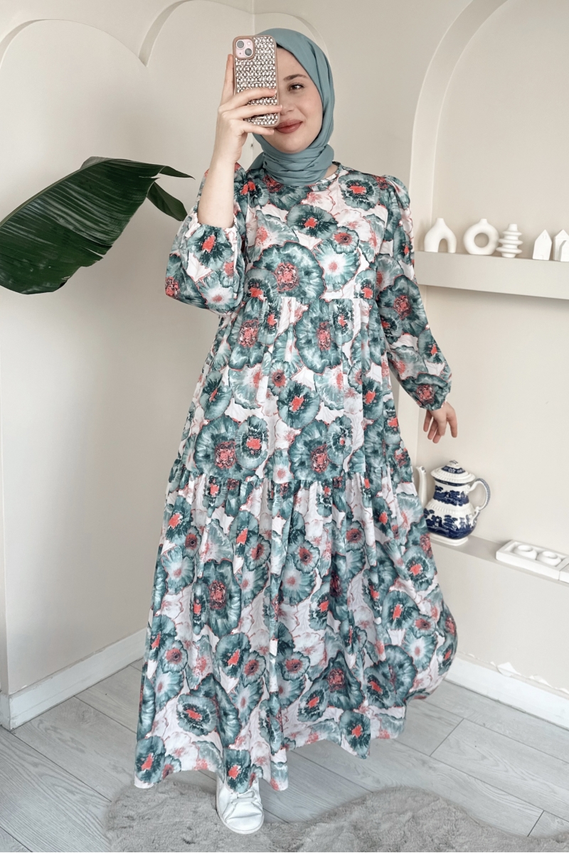 MO262 İri Çiçek Desenli Yeşil Elbise 