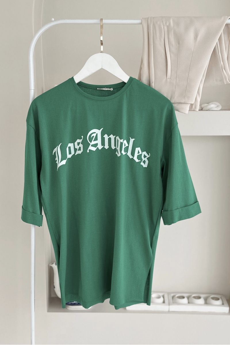 MO12834 Los Angeles Baskılı Yeşil T-Shirt  