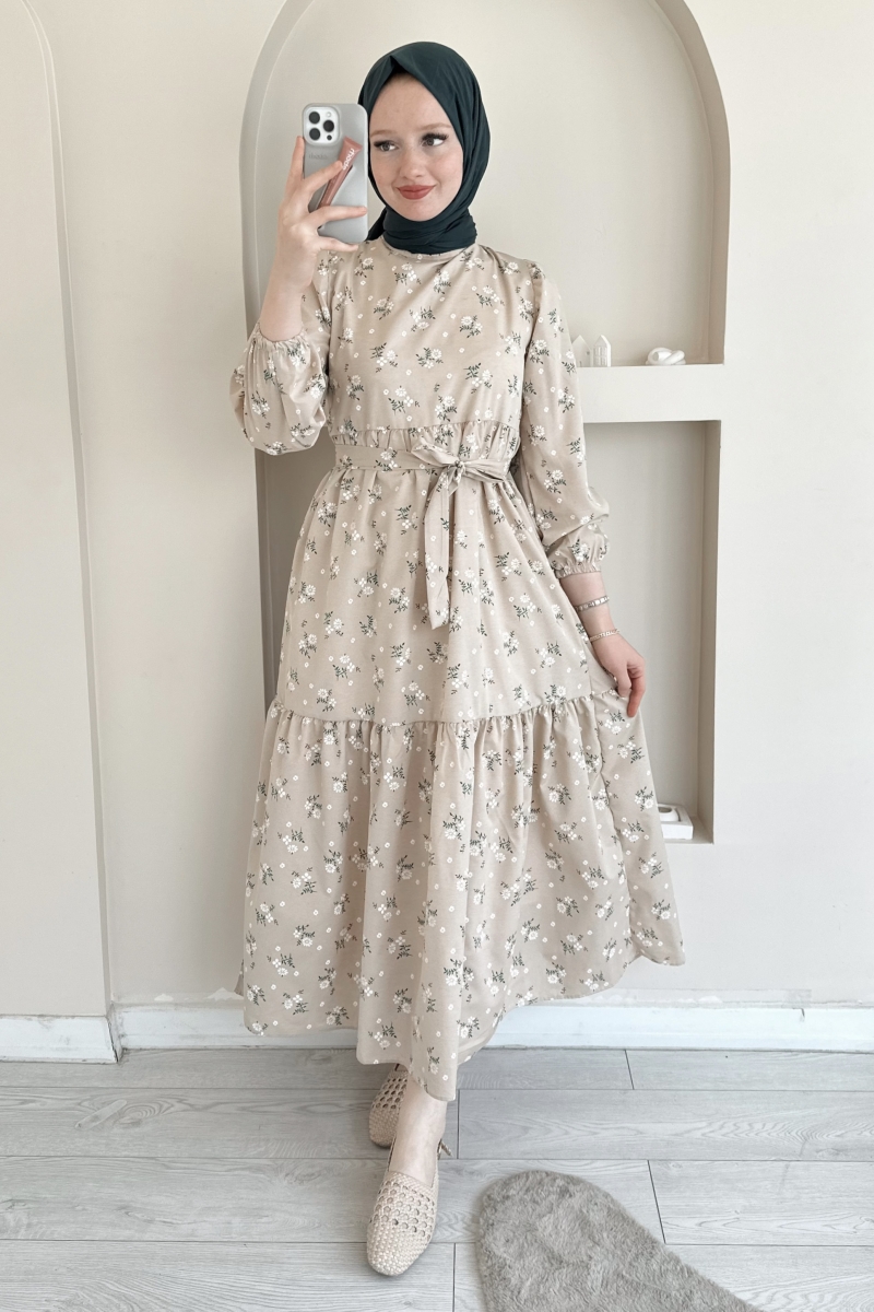 MO338 Mini Yaprak Desenli Bej Elbise