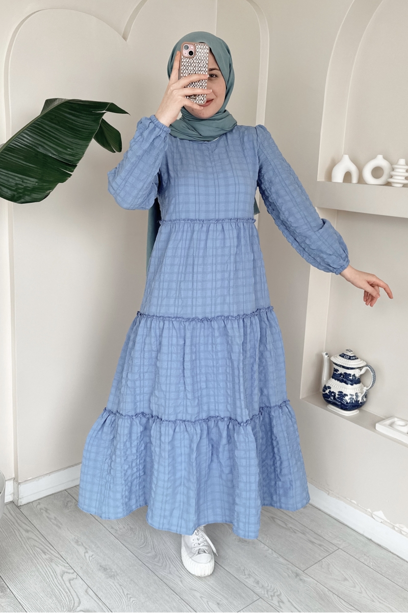 MO125 Dikilşli Kat Kat Mavi Elbise 